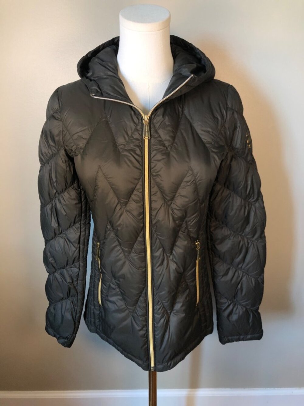 Michael Kors Packable Down Puffer Jacket Womens XS Dark Olive Green Hooded